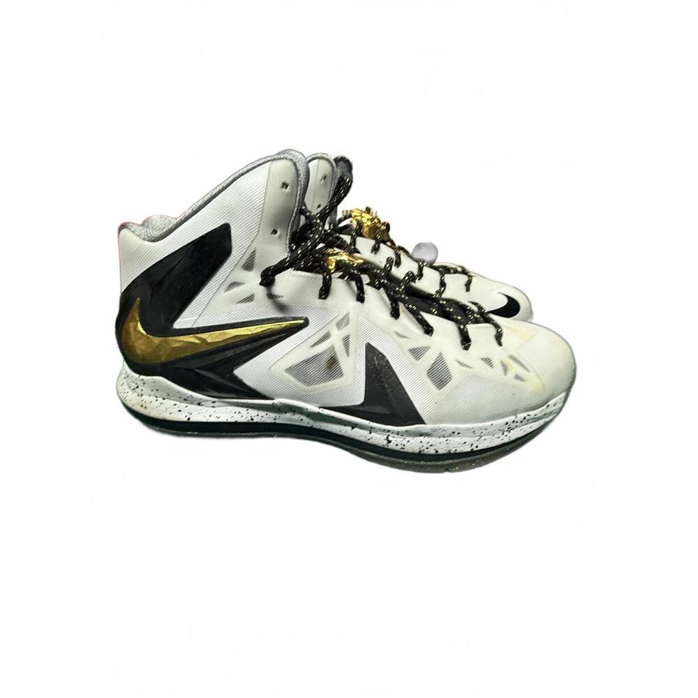 13M-Nike LeBron 10 Basketball Shoes White Black Gold